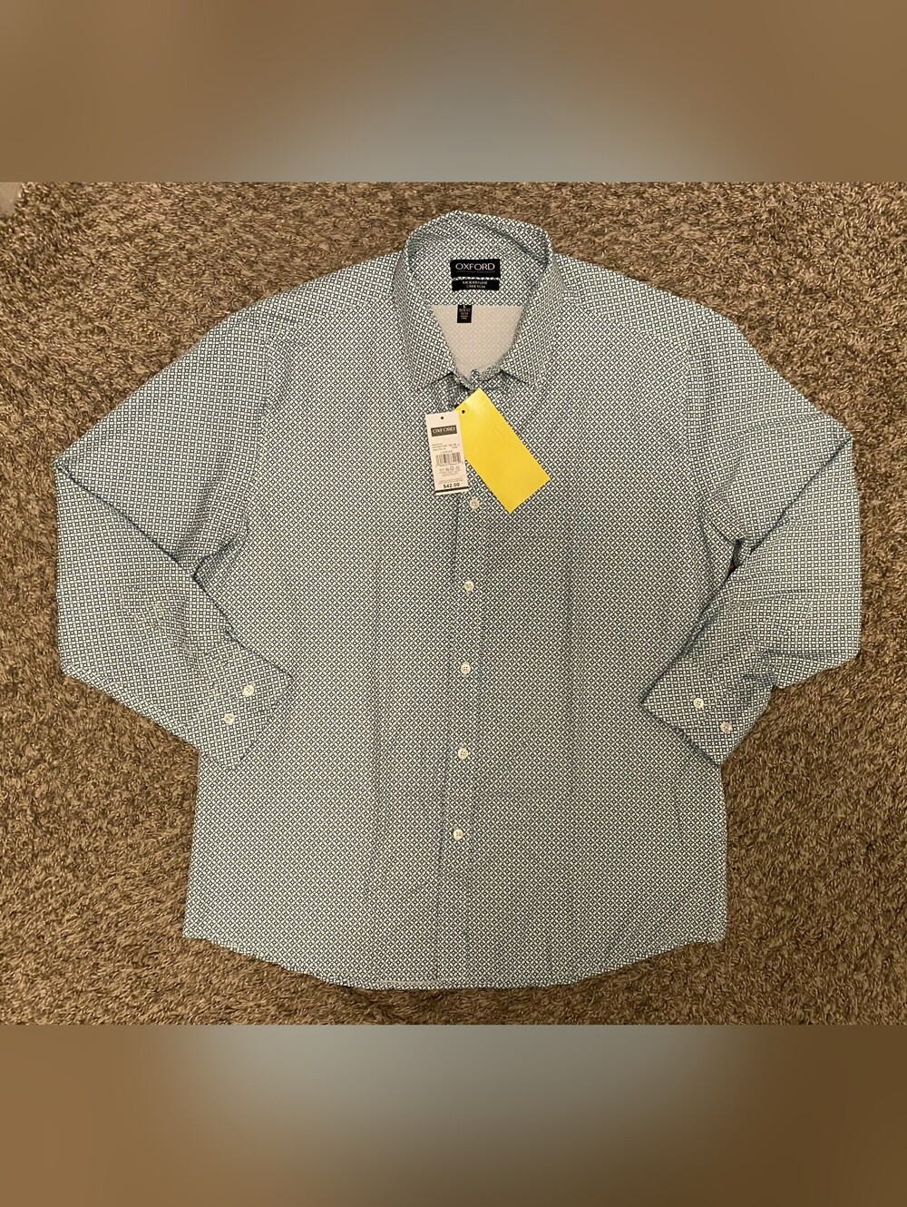 Oxford Men’s Long Sleeve Button Down Shirt Teal White Micro Geometric Pattern L